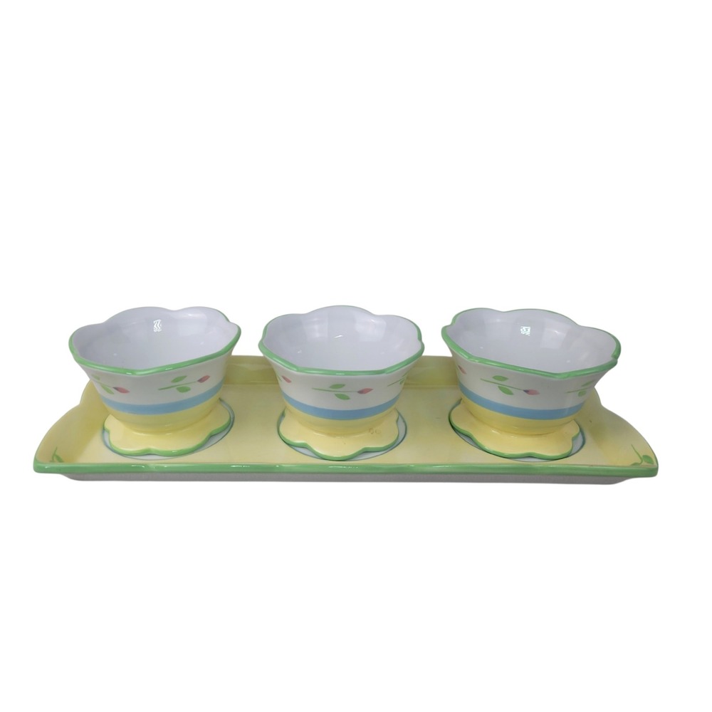 Princess House Exclusive Floral Ceramic Tray and 3 Pot Bowl Set Yellow Tulip
